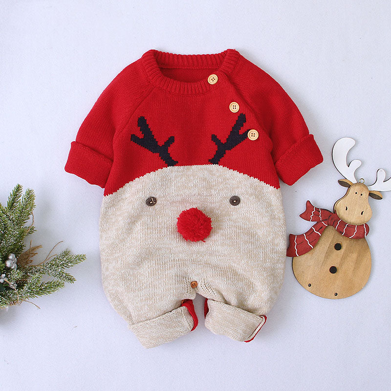 Baby Cartton Pattern Contrast Design Side Button Christmas Knitted Romper-0