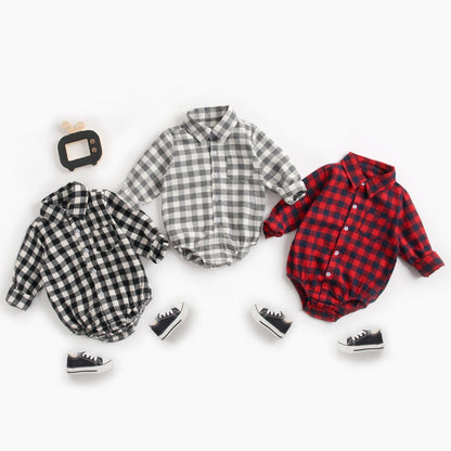 Baby Boy Plaid Pattern Buttoned Shirt With Pockets Long Sleeve Onesies In Autumn-0