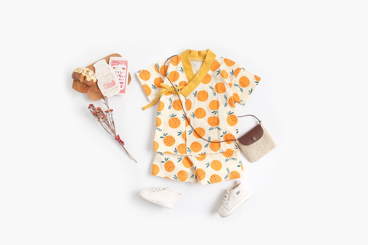 Baby Fruit Print Belt Design Short-Sleeved Top Combo Shorts Japan Style Sets Pajamas-1