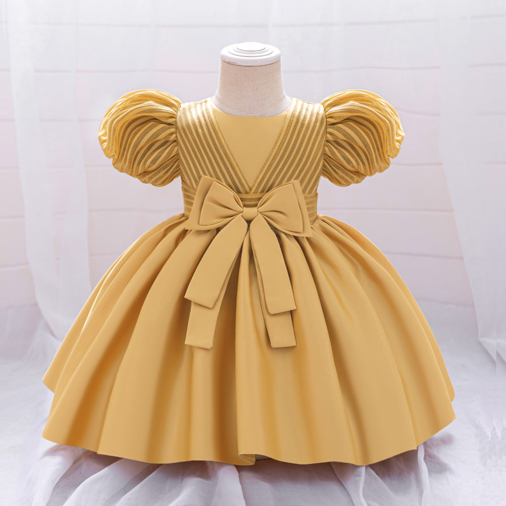 New Design Summer Baby Kids Girls Short Sleeves Striped Pattern Bow Tied Dress-0