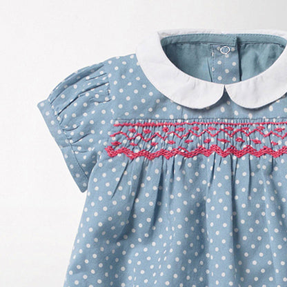 Summer New Arrival Girls Short Sleeves Rabbits Cartoon White Dots Peter Pan Collar Dress-2