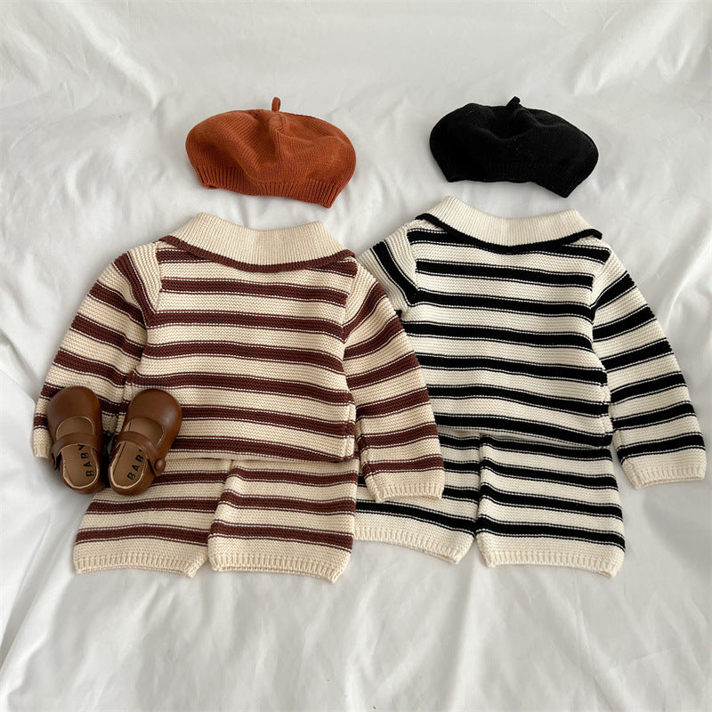 Baby Striped Pattern Lapel Knitted Cardigan With Pants Sets-1