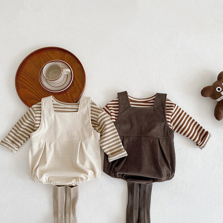 Baby Striped Shirt Combo Corduroy Fabric Cartoon Bear Embroidered Vest Bodysuit 2 Pieces Sets-1