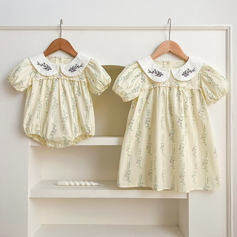 New Design Summer Baby Kids Girls Floral Striped Pattern Short Sleeves Embroidered Onesies And Girls’ Dress – Princess Sister Matching Set-0