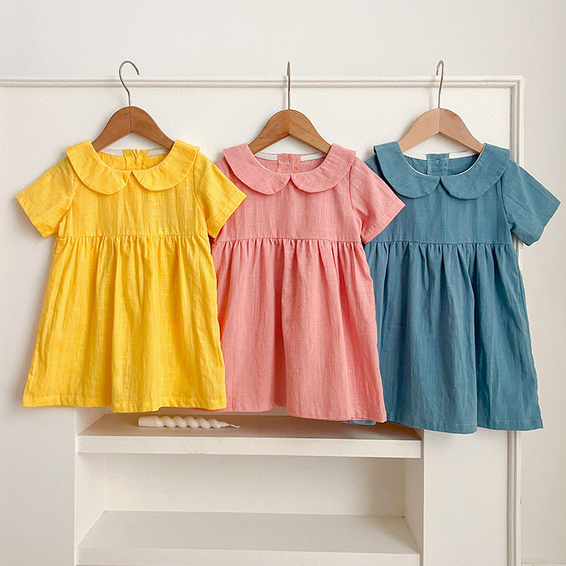 Summer Hot Selling Girls’ Solid Color Short Sleeves Peter Pan Collar Cotton Comfy Dress-0