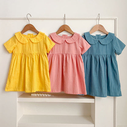 Summer Hot Selling Girls’ Solid Color Short Sleeves Peter Pan Collar Cotton Comfy Dress-0