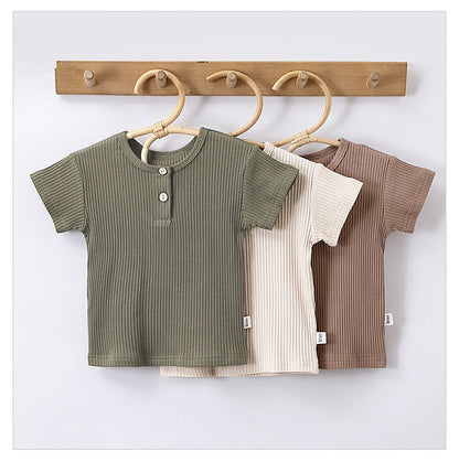 New Arrival Kids Unisex Crew Neck Short Sleeves Thin Solid Color Top Base T-Shirt-0