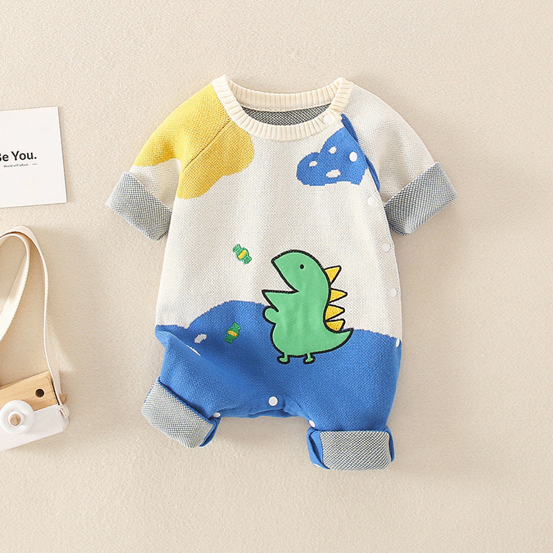 Baby Dinosaur Pattern Colorblock Design Cute Knit Romper-1