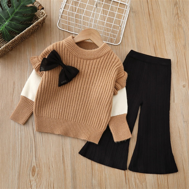 Baby Solid Color Bow Patched Sweater With Pants Sets-1