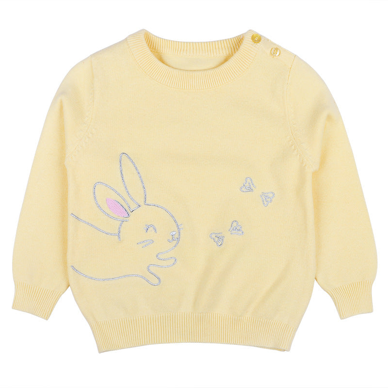 Baby Girl Cute Bunny Embroidery Graphic Solid Color O-Neck Sweater-1