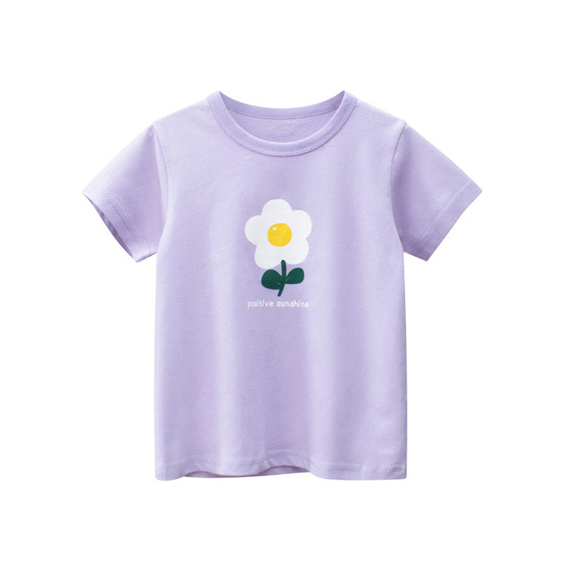 Baby Girl Floral Print Solid Color O-Neck Short Sleeved T-Shirt-1