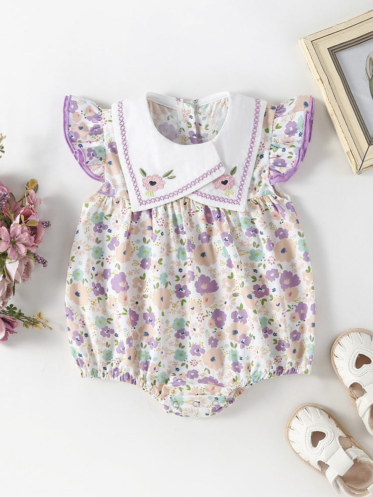 Summer Hot Selling Baby Girls Floral Pattern Fly Sleeves Embroidered Collar Onesies-0