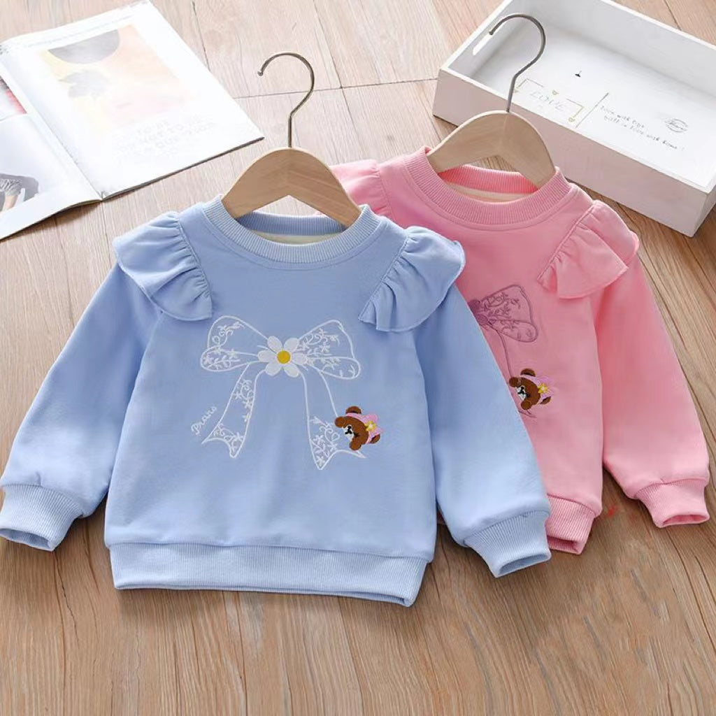 Baby Girl Embroidered Pattern Ruffle Design Fleece Thickened Hoodies-0