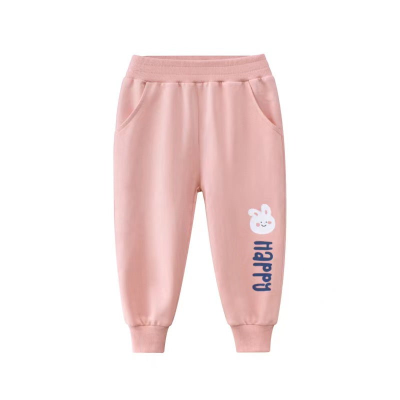 Baby Girl Cartoon Animal Graphic Solid Color Elastic Trousers-1