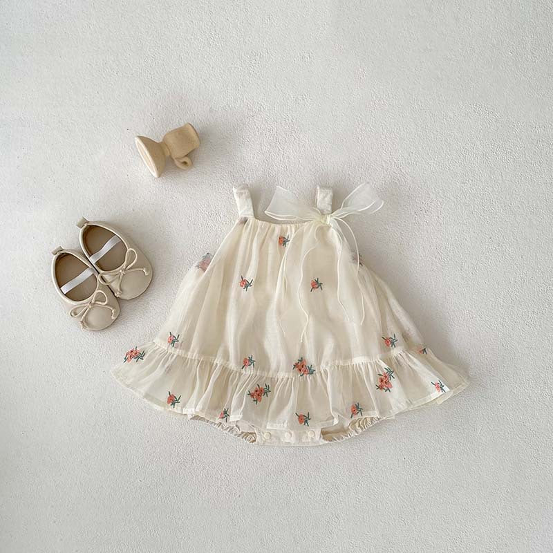 Summer New Arrival Baby Girls Sleeveless Flowers Pattern Tulle Strap Onesies Dress-0