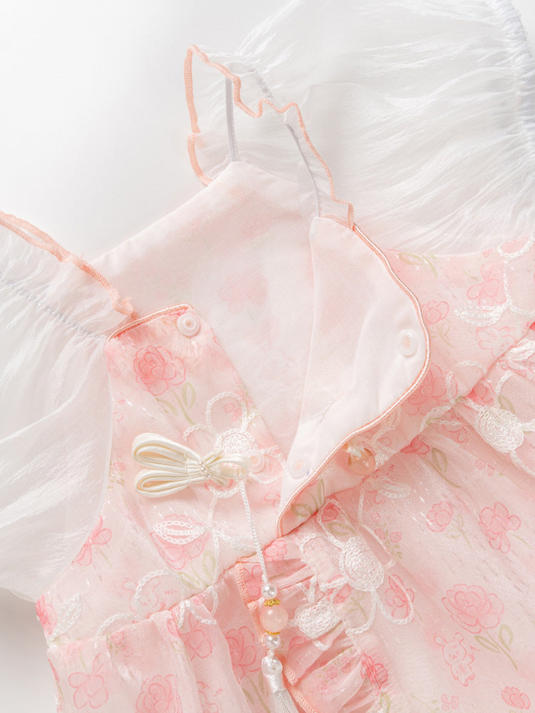 Summer New Dress Design Baby Girls Pink Flowers Pattern And Embroidery Short Sleeves Square Neck Sweet Cute Onesies-1