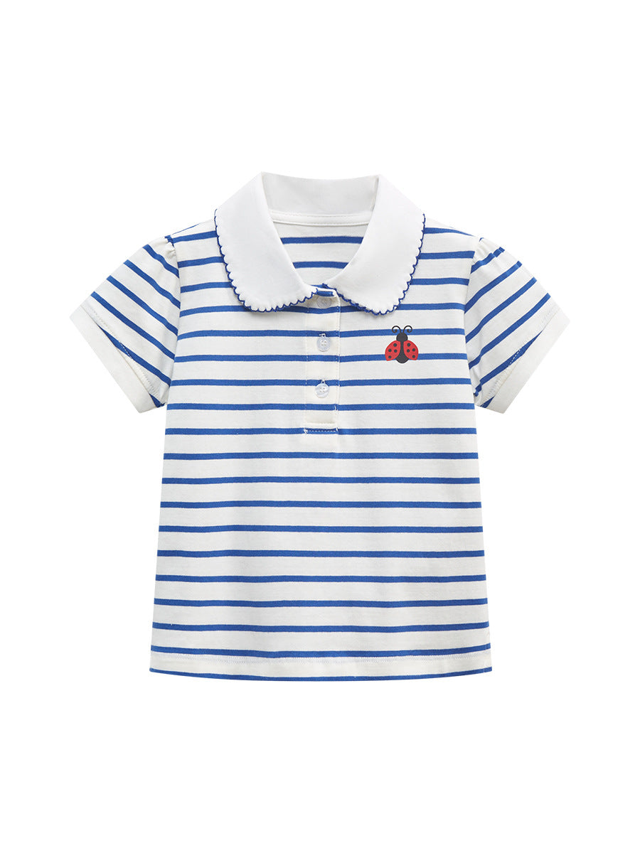 Baby Kids Girls Blue Striped Short Sleeves Polo Shirt-0