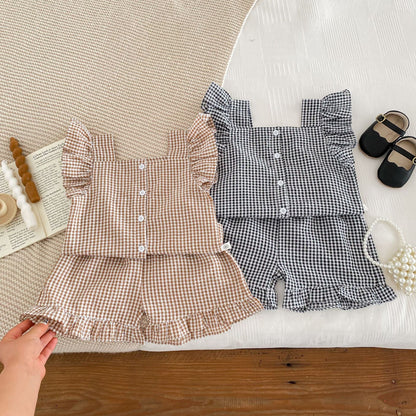 Summer Baby Kids Girls Plaid Shirt And Shorts Clothing Set-1