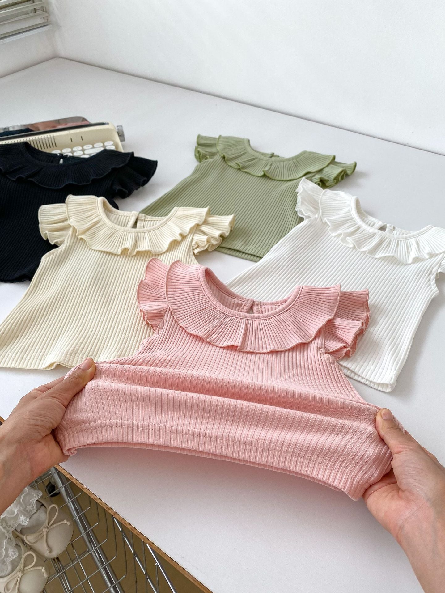 Summer Collection: Girls’ Fly Sleeves Ruffle Collar Solid Color Top-1