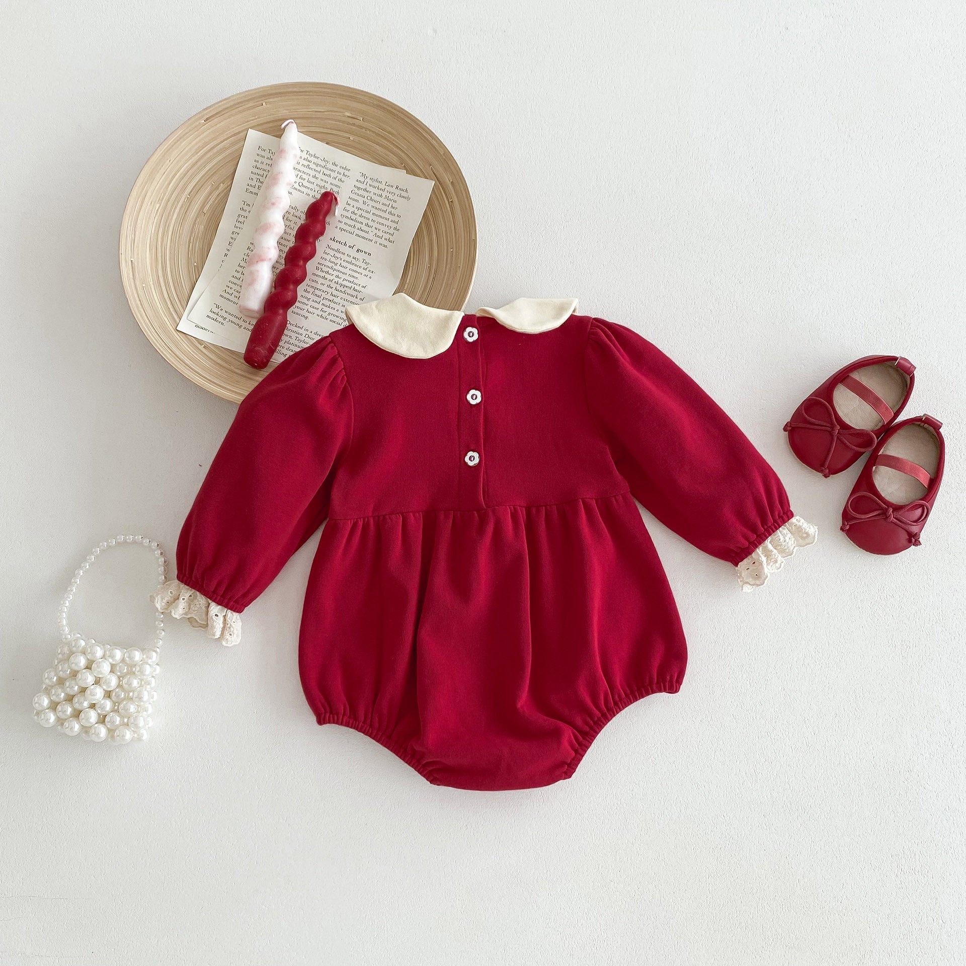 Spring Red Long Sleeves Onesie With White Collar For Girls-1