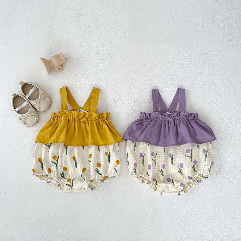 Summer New Arrival Baby Girls Sleeveless Flowers Pattern Color Patchwork Strap Onesie-0