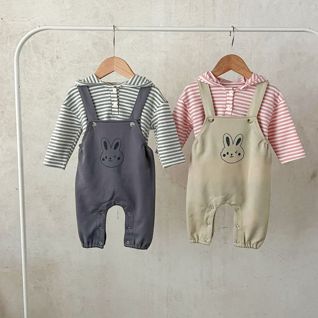 Spring Baby And Kids Unisex Striped Hoodie Top And Rabbit Cartoon Overalls Romper Clothing Set-1