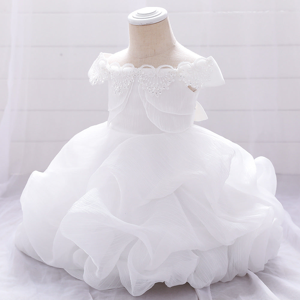 Baby Girl Solid Color One Shoulder Design Tutu Formal Dress Baptism Birthday Dress-0