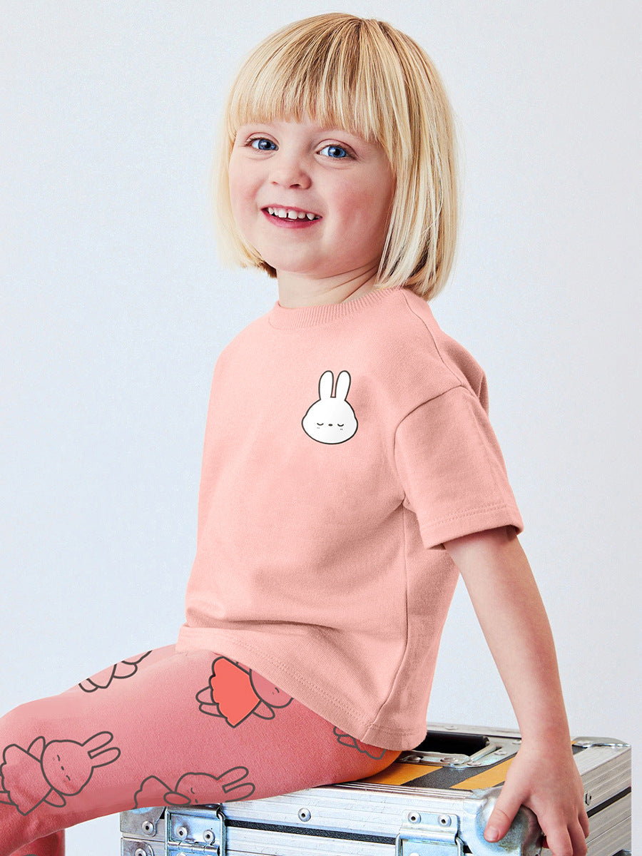 Girls Colorful Rabbits Cartoon Pink T-Shirt And Pants Set-2