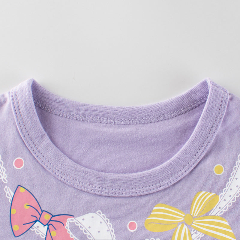 Baby Girl Solid Color Bow Tie Pattern Short Sleeve Tee-1