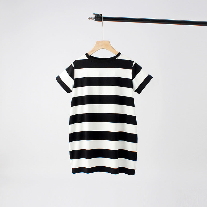 Baby Striped Pattern Short Sleeve Crewneck Dress-0