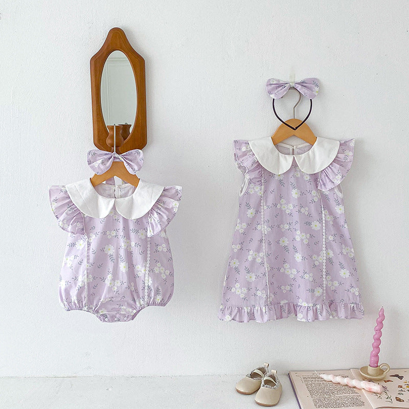 New Arrival Summer Girls Flowers Pattern Fly Sleeves Peter Pan Collar Onesies And Dress – Sister Matching Clothing Set-0