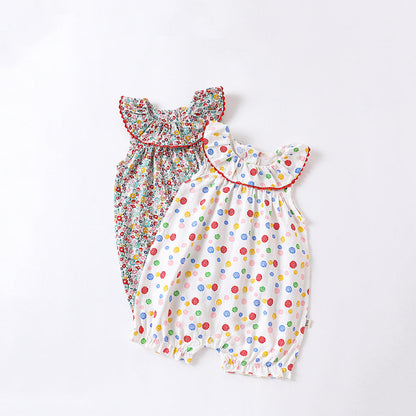 Baby Floral Pattern Ruffle Neck Sleeveless Rompers-1