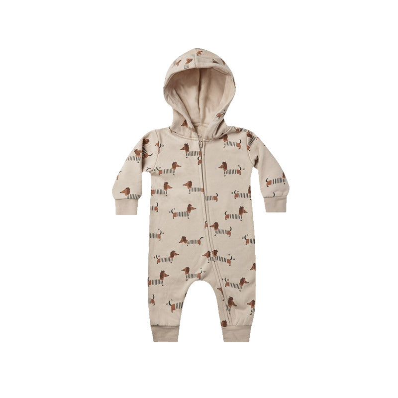 Baby Cartoon Dog Print Pattern Zipper Front Design Quality Warm Jumpsuit-1