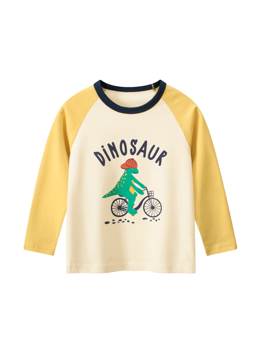 Baby Boys Dinosaur Sporting Cartoon Color Patchwork Crew Neck Long Sleeve Pullover-1