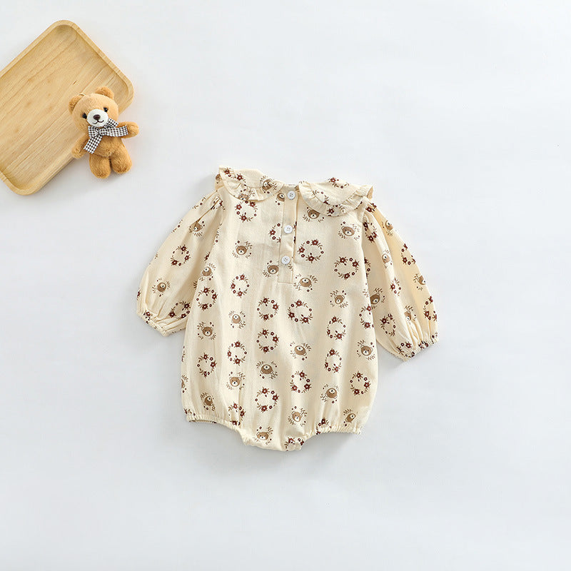 Baby Girl Flower Bear Print Pattern Doll Neck Sweet Bodysuit-1