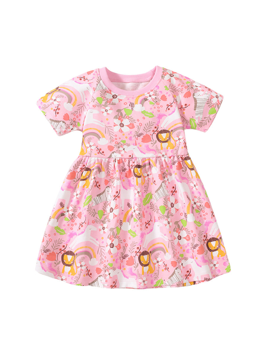 Spring And Summer Baby Girls Short Sleeves Rainbow Animals Floral Cartoon Dress-0