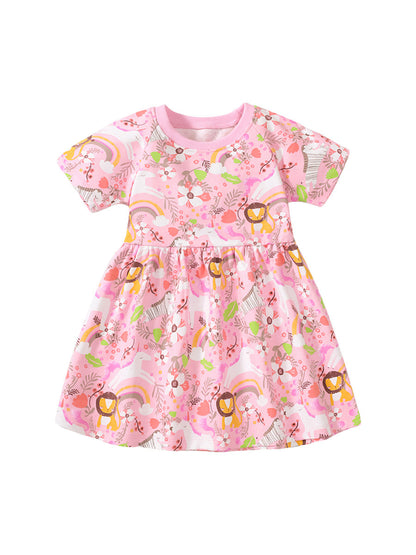 Spring And Summer Baby Girls Short Sleeves Rainbow Animals Floral Cartoon Dress-0