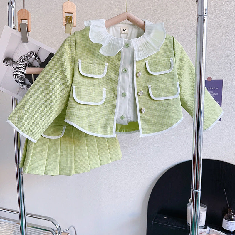 Girls Solid Green Ruffle Lace Neck Pockets Cardigan&amp;Skirt Casual Sets-1