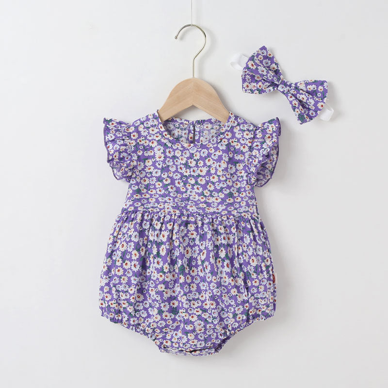 Baby Girl Floral Print Onesies With Headband In Summer Outfit Wearing-2