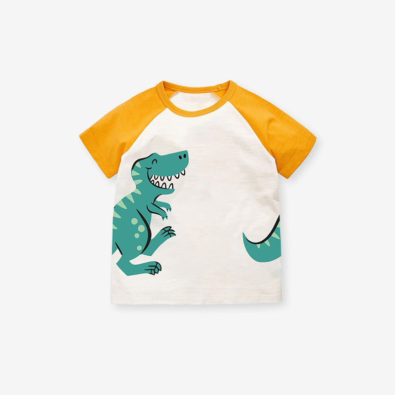 Cute Knit Round Neck Dinosaur Cartoon Kids’ T-Shirt In European And American Style For Summer-0