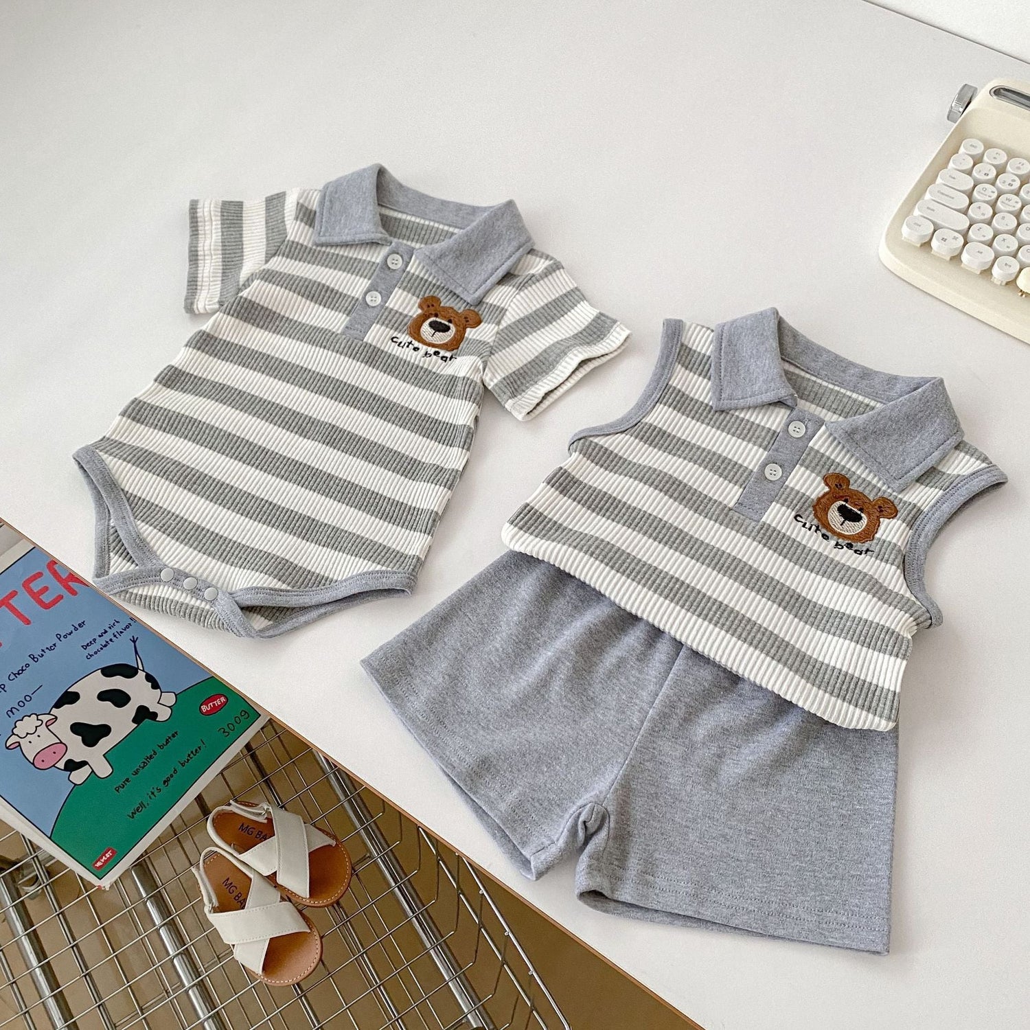 Summer Baby Kids Boys Striped Pattern Sleeveless Turndown Collar Top Vest And Shorts Clothing Set/ Short Sleeves Onesies-3