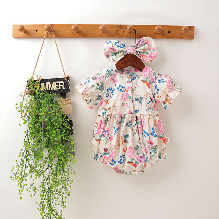 Baby Girl Floral Pattern Round Collar Bubble Sleeve Cute Onesies With Bow Hair Rope-0