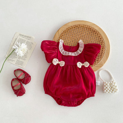 Summer New Arrival Baby Girls Short Sleeves Crew Neck Red Color White Bows Princess Onesie-0