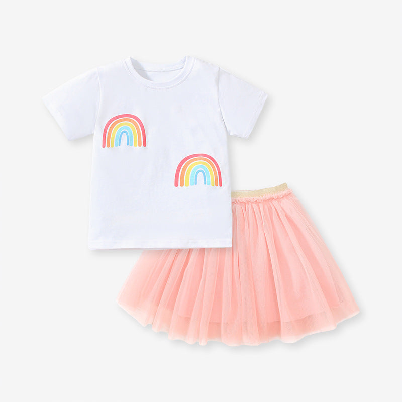 Summer Baby Kids Girls Rainbow Print T-Shirt And Solid Color Mesh Skirt Clothing Set-1