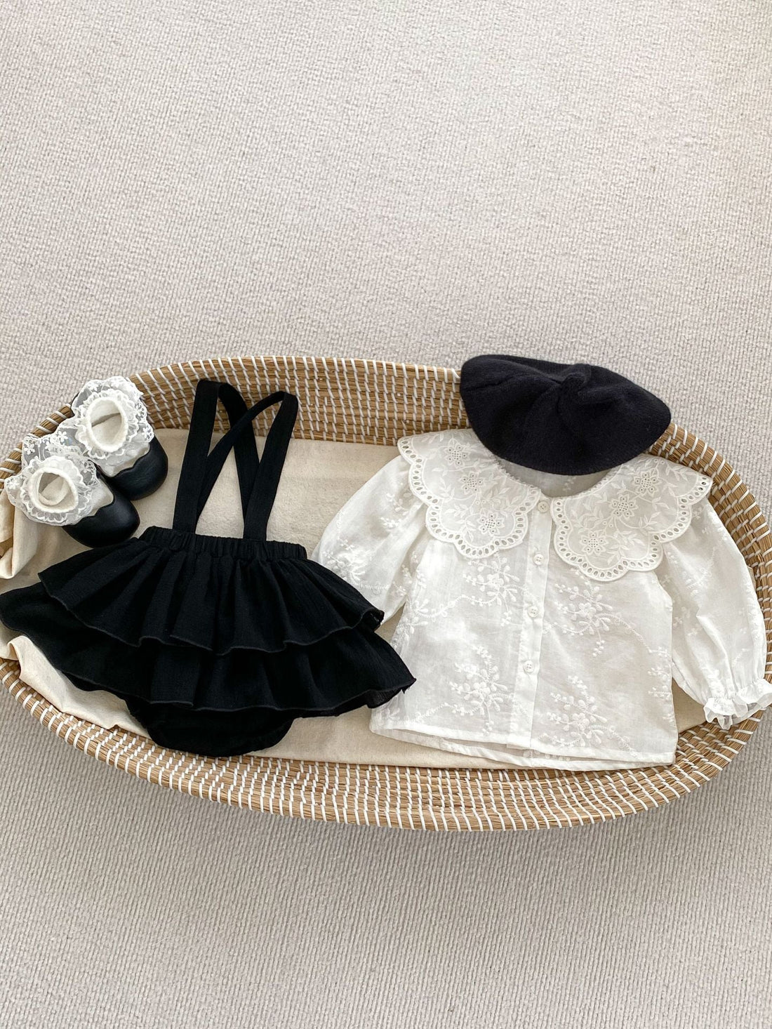 Spring Baby And Kids Girls Floral White Shirt And Black Skirt Beret And Clothing Set-1