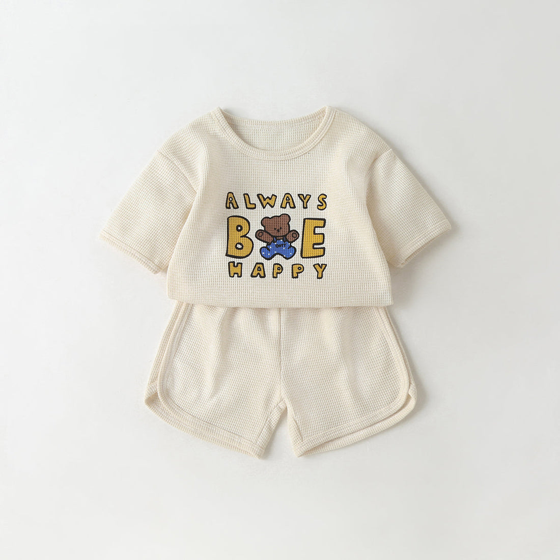 Baby Cartoon Bear &amp; Slogan Pattern Waffle Fabric Tops Combo Solid Shorts 1-Piece Sets-1