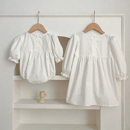 New Spring/Autumn Baby Onesies And Dress For Girls With White Lace Trim – Princess Sister Matching Set-1