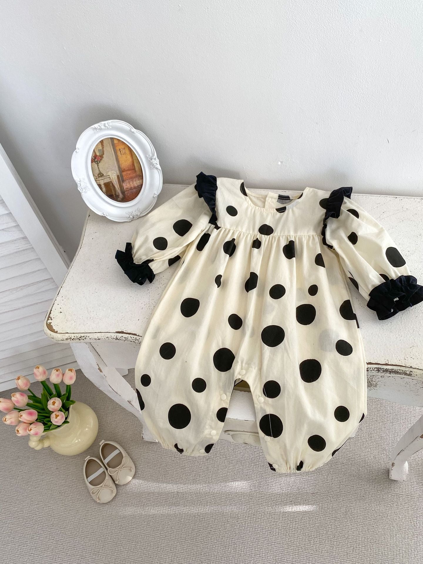 Spring Baby And Kids Girls Polka Dots Romper And Black Leather Shoes Clothing Set-0