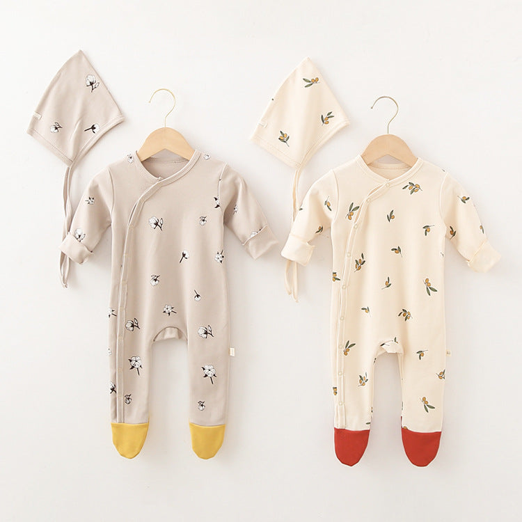 Baby Printed Graphic Side Button Design Long Sleeved Jumpsuit Romper Pajamas With Hat-1