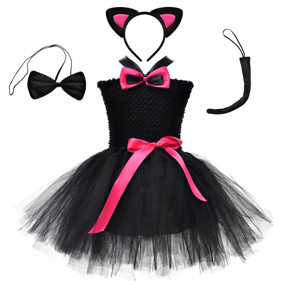 Children’s Halloween Solid Color Cat Costume Mesh Tutu Dress &amp; 1-Piece Jewelry Sets-0